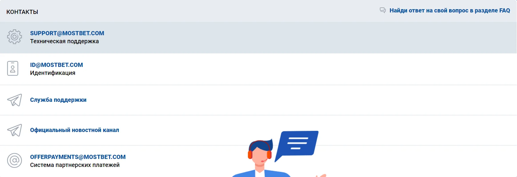Служба поддержки Mostbet